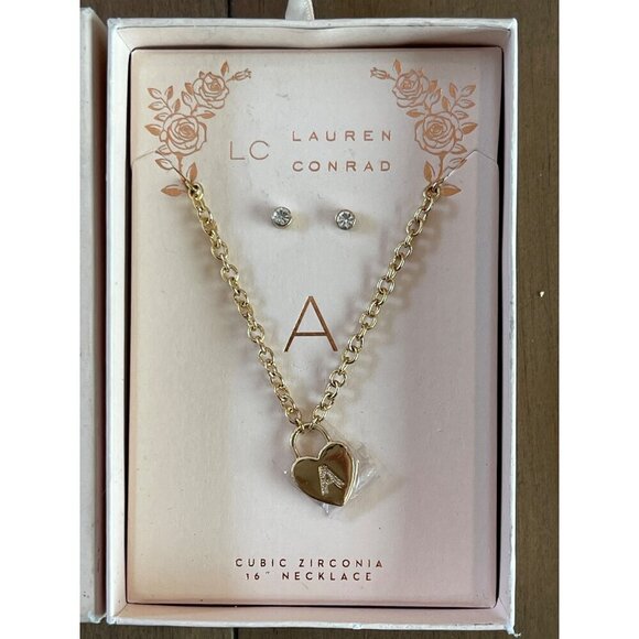 Lauren Conrad Cubic Zirconia Heart Necklace & Earrings A Initial Gold Tone 16" - Picture 9 of 9